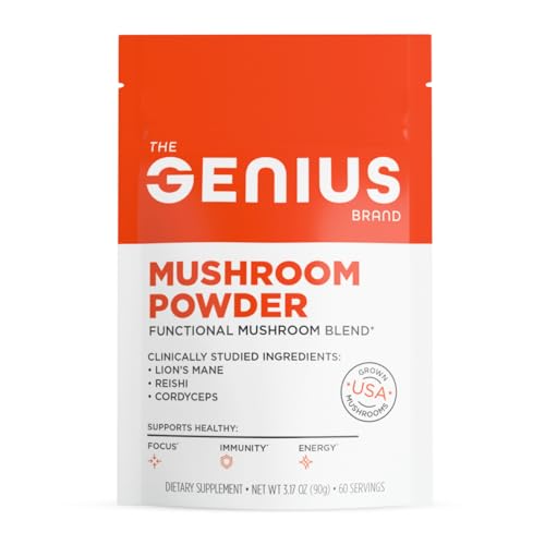 The Genius Brand Mushroom Powder - Includes Lions Mane, Cordyceps & Reishi - Supports Brain Health, Immune System & Energy Levels - USDA Organic Mushroom Powder - 3.17 oz 60 Servings