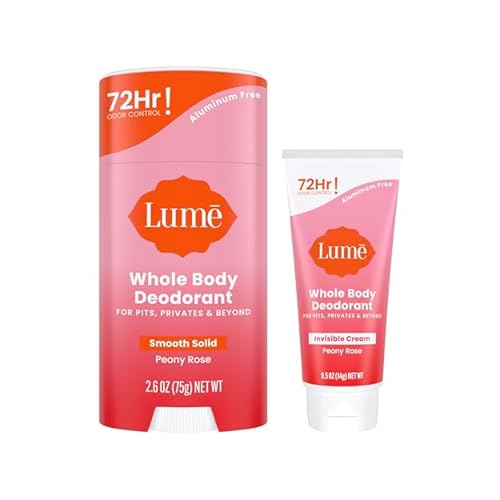 Lume Whole Body Deodorant - Invisible Cream Tube Mini  Solid Stick Bundle - 72 Hour Odor Control - Aluminum & Baking Soda Free, Skin Loving Peony Rose