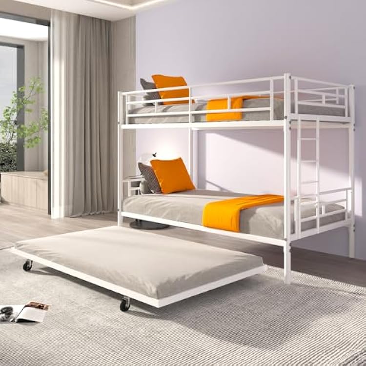Metal Bunk Bed Frame,Twin Over Twin Metal Bunk Bed with Trundle Heavy Duty Twin Size Metal Bunk Beds Frame with 2 Side Ladders Convertible Bunkbed,No Box Spring Needed White