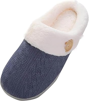 Womens Fur Lining House Slippers Winter Knit Warm Fuzzy Slip On Shoe Plush Bedroom Slipper with Memory Foam