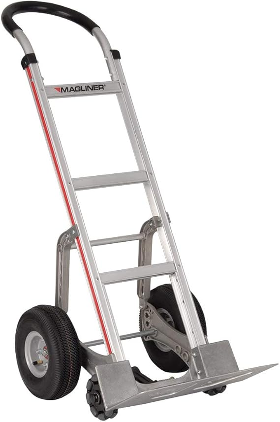 Magliner Self-Stabilizing Truck Hand with Horizontal Loop Handle, 18" x 7.5" Aluminum Nose, 10" Pneumatic Wheels, Double-Row Rollers, 500 lb. Capacity