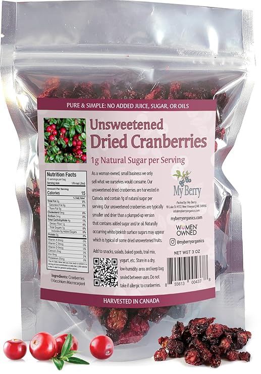 Unsweetened Dried Cranberries by My Berry | 3oz | Naturally Tart: 1g Natural Sugar Per Serving | Non-GMO | No Added Sugar, Juice or Oils | More Berries Per Ounce Than Sweetened Berries | Canadian Grown | Woman-Owned Small Company
