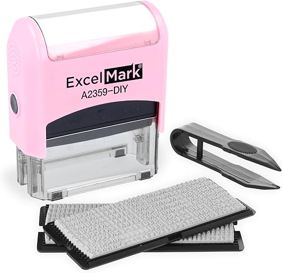 ExcelMark Self-Inking DIY Custom Rubber Stamp Kit - Personalized Stamper for Business or Home - Address Stamp, Message Stamp, and More Pink