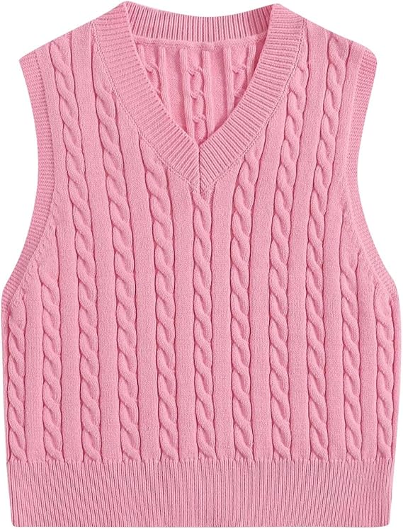 Knit Vest Tops for Women Sweater Vest Women Casual V Neck Houndstooth Knit Sweaters Sleeveless Fall Aesthetic Checkered Work Vests Pink L