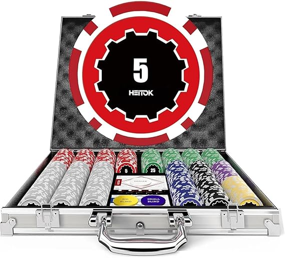 HEITOK Casino Poker Set with Numbered Chips 500-Piece for Card Board Game, 11.5 Gram with Playing Cards Waterproof for Texas Hold'em, Blackjack Gambling, Card Club or Late Night Poker Games