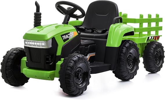 TOBBI Kids Electric Toy Tractor, 12V Battery-Powered Toddlers Ride On Car to Drive, Motorized Trailer Vehicle with 35W Dual Motor/6-Wheels/3-Speeds/LED & Horn Functions for Chirdren Aged 3-8-Green