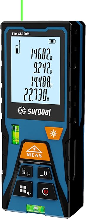 Laser Distance Meter Digital Laser Measuring Tool with LCD Backlit Display, Area Volume Pythagorean, 2mm Accuracy, Class II, Electronic Tape Measure for DIY Construction AAA Battery Powered